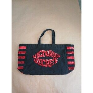 Victoria's Secret Women's Canvas Tote Bag Black With Red Sequins Lips